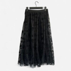 Black Sheer Floral Tulle Midi Skirt Elastic Waist